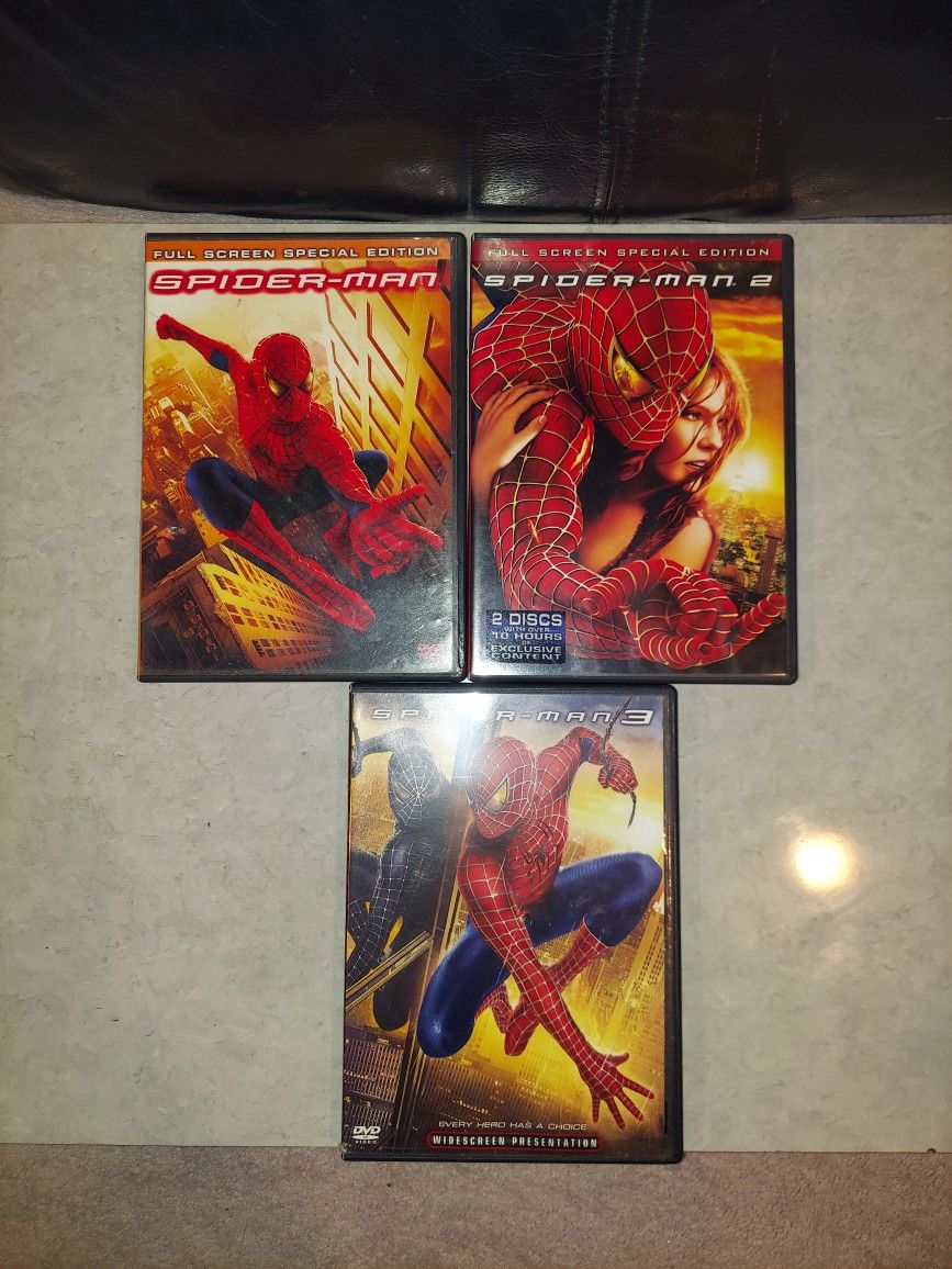 COLLECTIBLE SET OF THE ORIGINAL FIRST 3 SPIDER-MAN MOVIES ON DVD WITH TOBY MAGUIRE SPIDER-MAN 1, SPIDER-MAN 2 & SPIDER-MAN 3 WITH THE ORIGINAL VILLANS