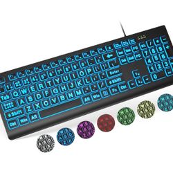 Large Print Backlit Keyboard, Wired USB Lighted Computer Keyboards with 7-Color & 4 Modes Backlit