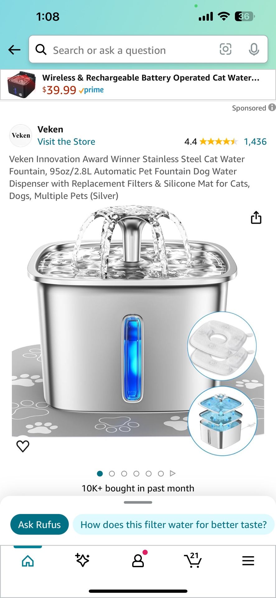 Veken Innovation Award Winner Stainless Steel Cat Water Fountain, 95oz/2.8L Automatic Pet Fountain Dog Water Dispenser with Replacement Filters & Sili