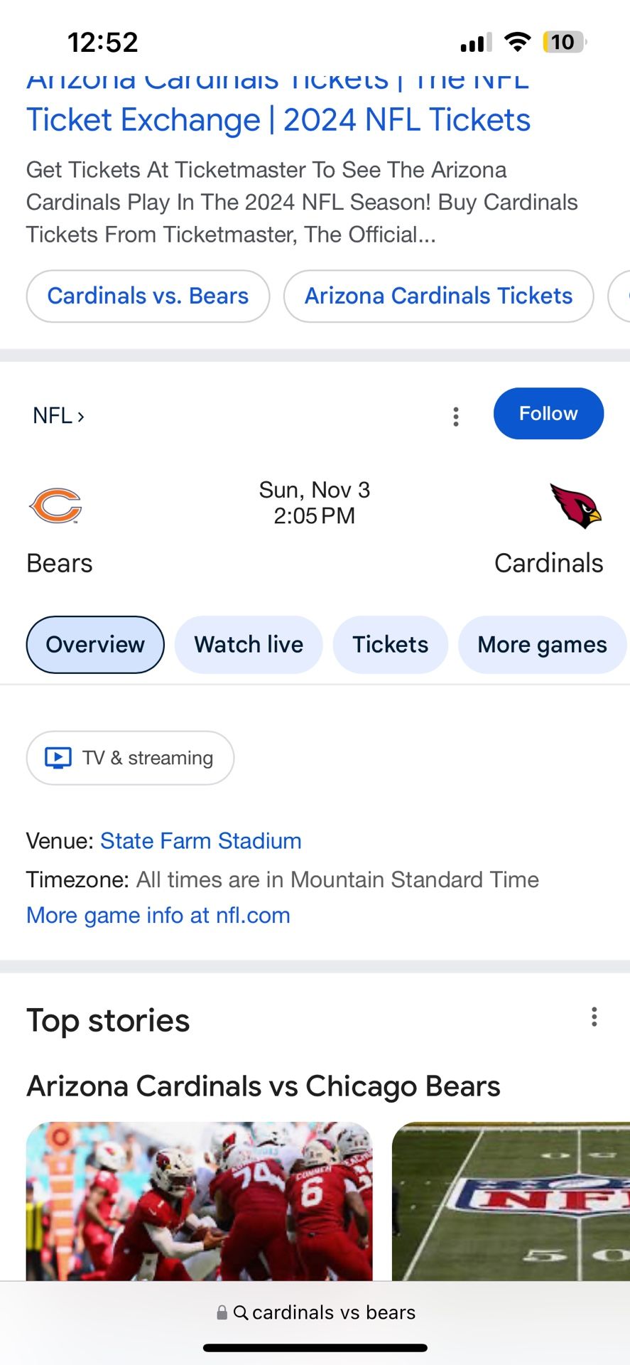 Bears Vs Cardinals Sunday Game