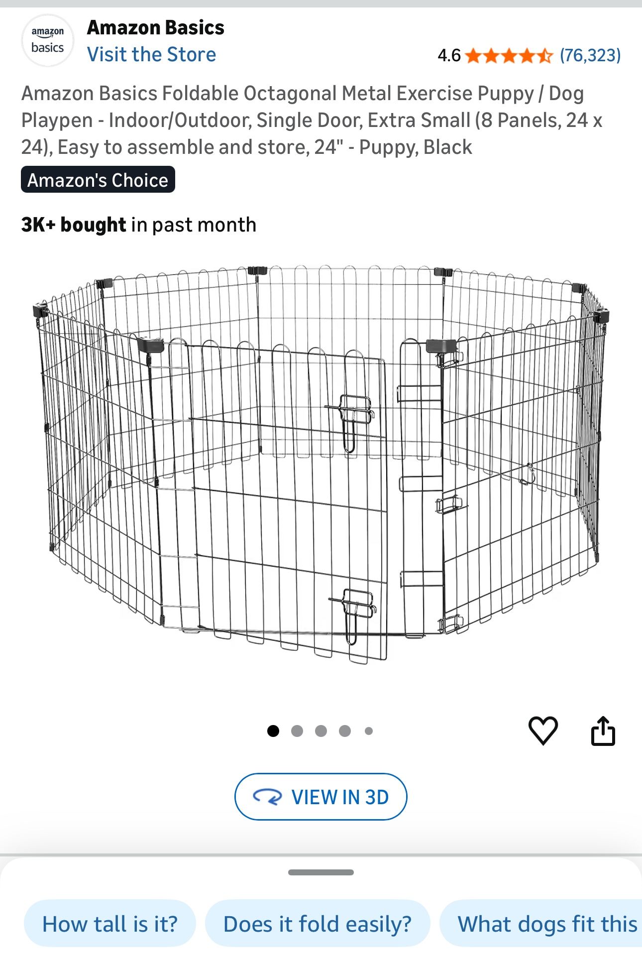 Amazon Basics Foldable Octagonal Metal Exercise Puppy / Dog Playpen - Indoor/Outdoor, Single Door, Extra Small (8 Panels, 24 x 24), Easy to assemble a