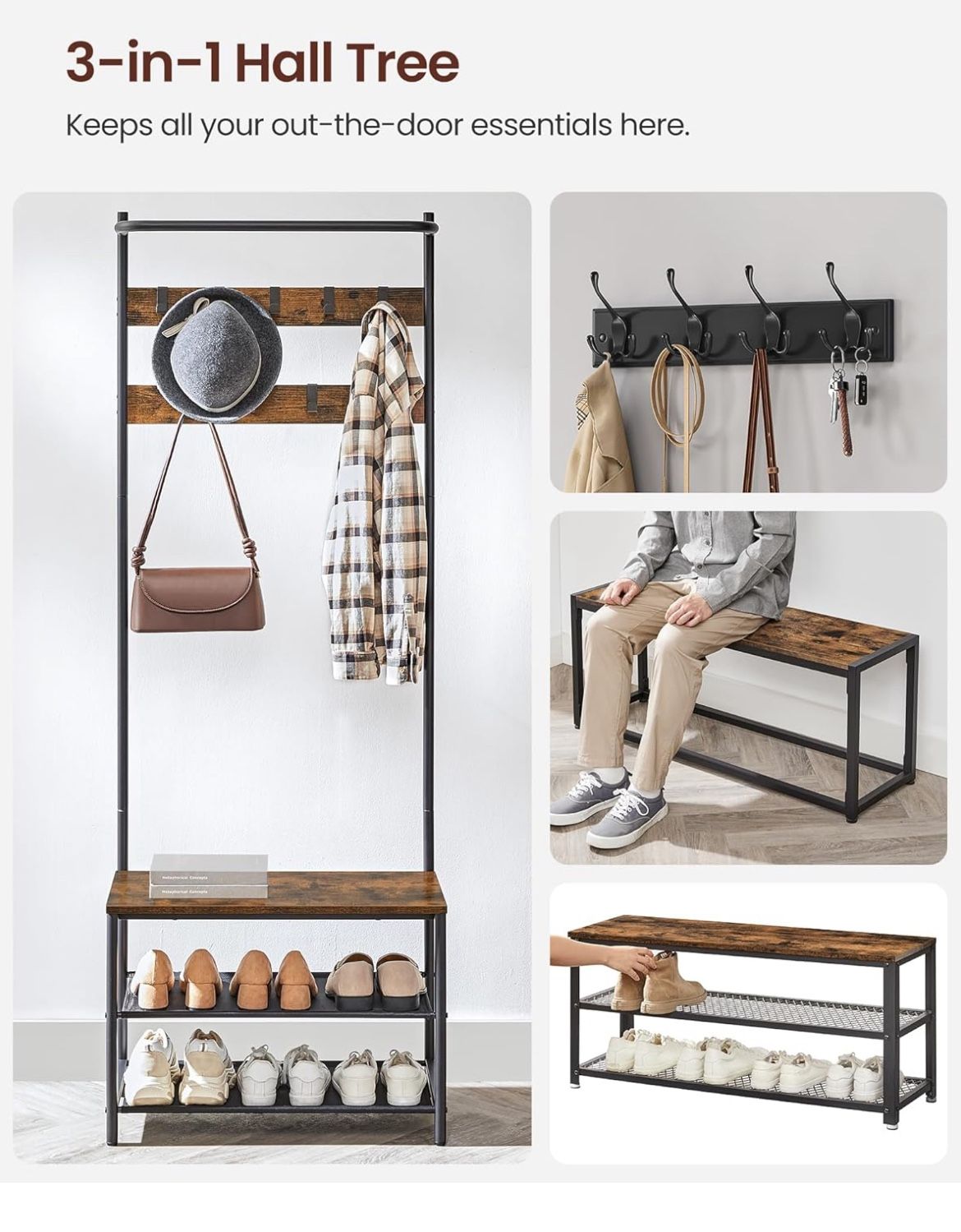 Hall Tree with Bench and Shoe Storage, Entryway Bench with Coat Rack Stand and Shoe Rack, 9 Movable Hooks, Top Bar, Fabric Shelves, Industrial, Rustic