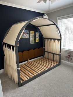 Kids Canopy Trundle Bed Frame with Curtains