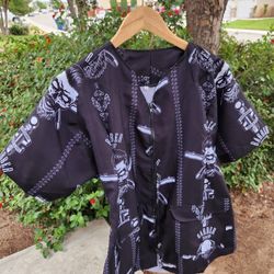 Barbers Zip Up Jacket Shirt Medium Pockets Skulls, Barber Pole & Black Razors