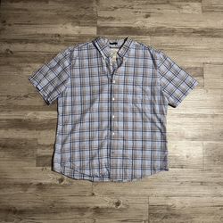 St Johns Bay  Classic Fit Plaid Short Sleeve Cotton Shirt Blue orange   Men XL