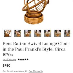 Circa 1970s Bent Rattan Swivel Lounge Chair in the Paul Frankl's Style.