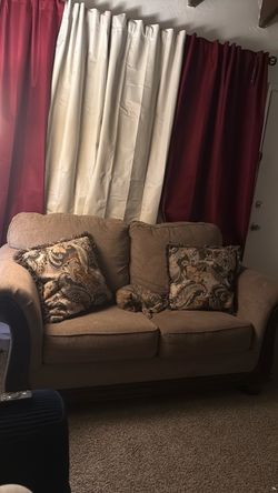 Tan Fabric Loveseat with Accent Pillows