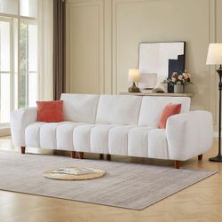 111.81” Sectional Sofa Couch: Modern Fabric Upholstered Cream White sofa with Wood Frame & Decorative Pillows
