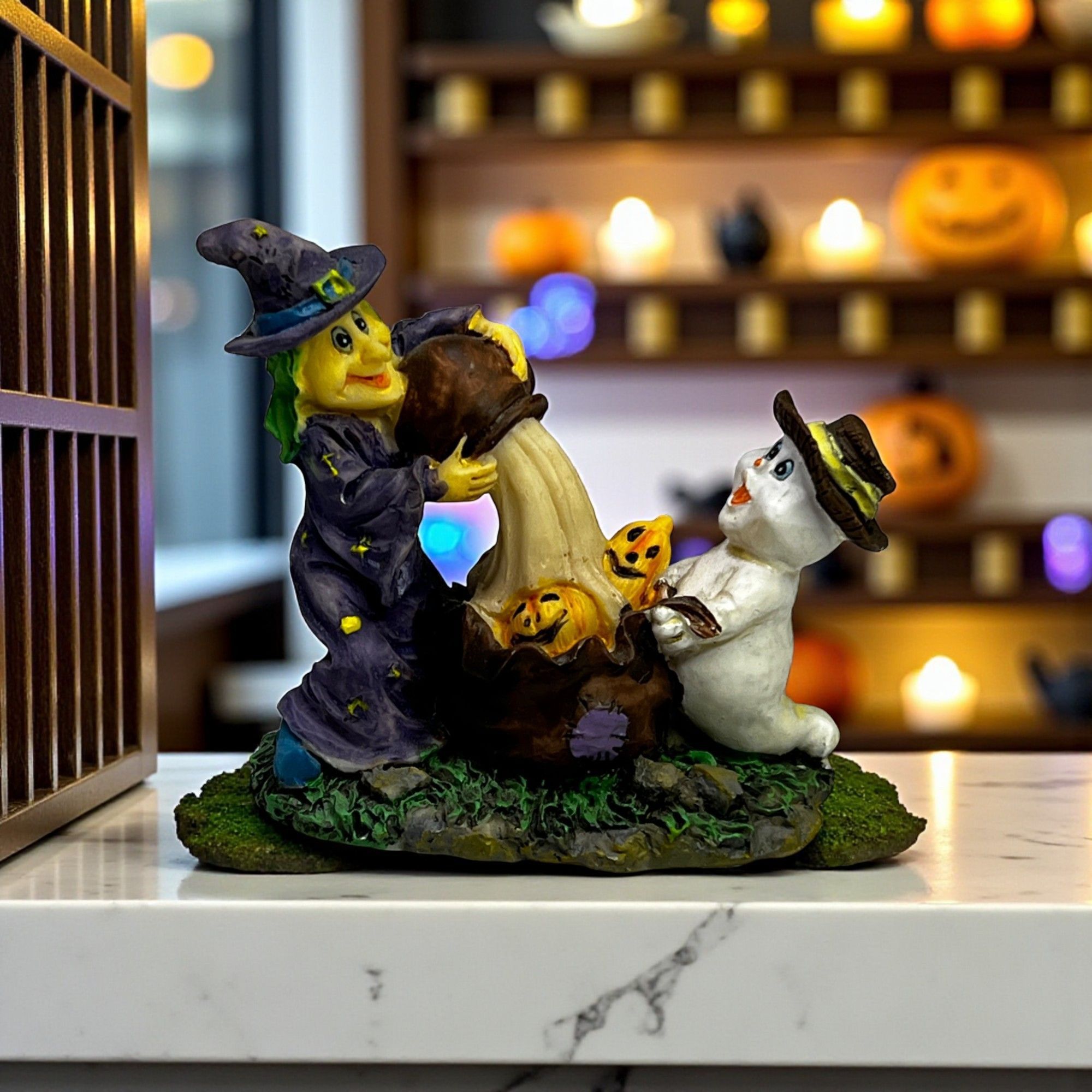 Witch & Ghost With Pumpkins Halloween Village Figurine