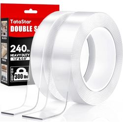 Double Sided Tape Heavy Duty (2 Rolls, 20 Feet) - Removable Waterproof Nano Mounting Filament Tape, 1.2" & 0.8" Width for Picture Hanging, Wall Decor,
