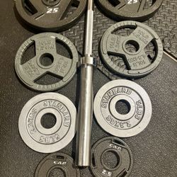 Full Set of Olympic Plates with Brand NEW 7 ft Steel Barbell with Cooper Bearings [ Plates from 45s to 2.5s] Brute: 287 #