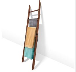 6-Tier Decorative Wooden Blanket / Towel Ladder/ plant stand- 5.5 Ft Wall-Leaning Rack, Farmhouse Style, (Brown)