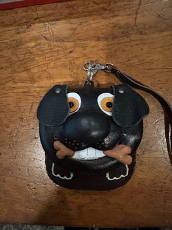 Leather Dog Face Coin Purse Wristlet Zipper Pouch Bone Detail