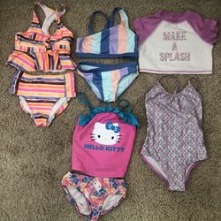 Girls Small 6/6X Swimsuit Bathing Suit Lot: Cat & Jack Make Splash Mermaid Swimsuit with Rash Guard, Hello Kitty & Wonder Nation 2-piece