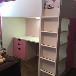 Twin Size IKEA Loft Bed In Princess Pink With Closet , Desk And Drawers 
