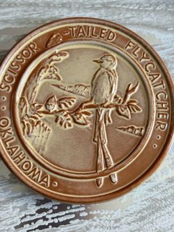 Frankoma Pottery Oklahoma State Bird Scissor-Tailed Flycatcher Trivet   Vintage ceramic trivet in a desert gold glaze. This piece is made by Frankoma 