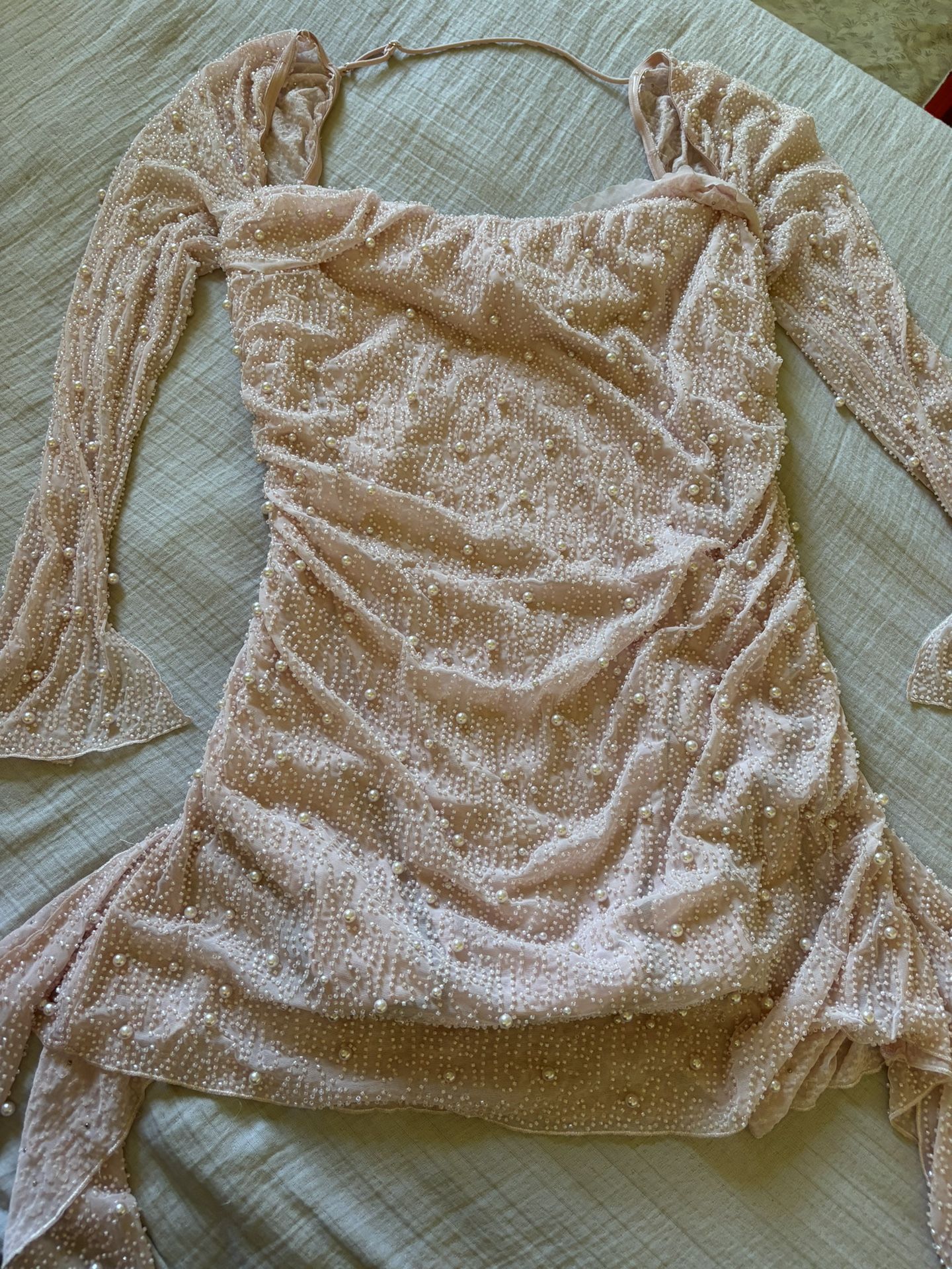 Long Sleeve Embellished Cowl Neck Mini Dress in Blush