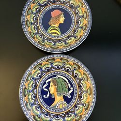 Renaissance Pair of Faenza Lady /Man Portrait 5” Plates Italy Hand painted