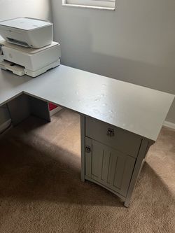 Gray Wood Desk with Drawer and Cabinet