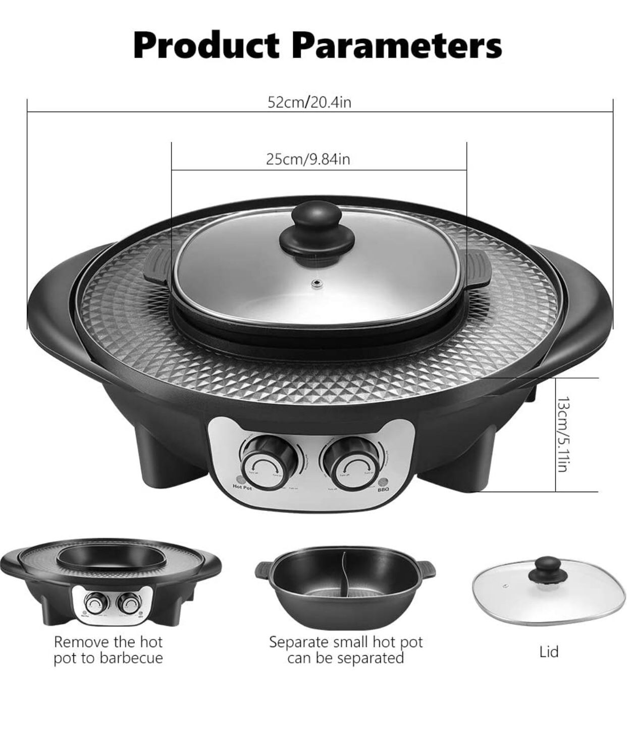 2 in 1 Portable Electric Grill Upgraded 2200W Electric Hot BBQ Pot for Indoor Outdoor Parties, Black