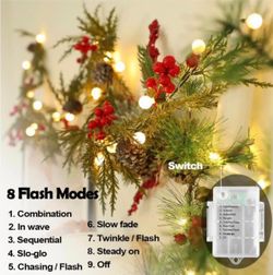 6FT 20 LED Bulbs Cypress Pine Garland with Lights Battery Operated with Timer Bells Red Berries Pinecones Green Garlands Decoration for Xmas Holiday T