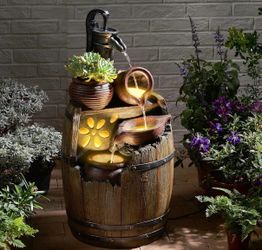 29" H Outdoor Water Fountain Pump and Barrel,4 Tiered Rustic Wood Barrel Cascading Waterfall Fountains Outside Feature with LED Lights for Garden, Pat
