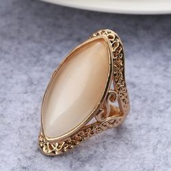 27mm Oval White Hollow Cat's Eye Antique Gold Ring - Size 6