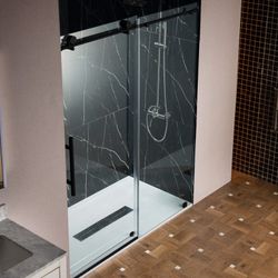 BSDC4876-MBL，Frameless Single Sliding Shower Doors in Matte Black Finish, 45.5-48" Width × 76"Height with 3/8"(10mm) Clear Tempered Glass, Soft Close 
