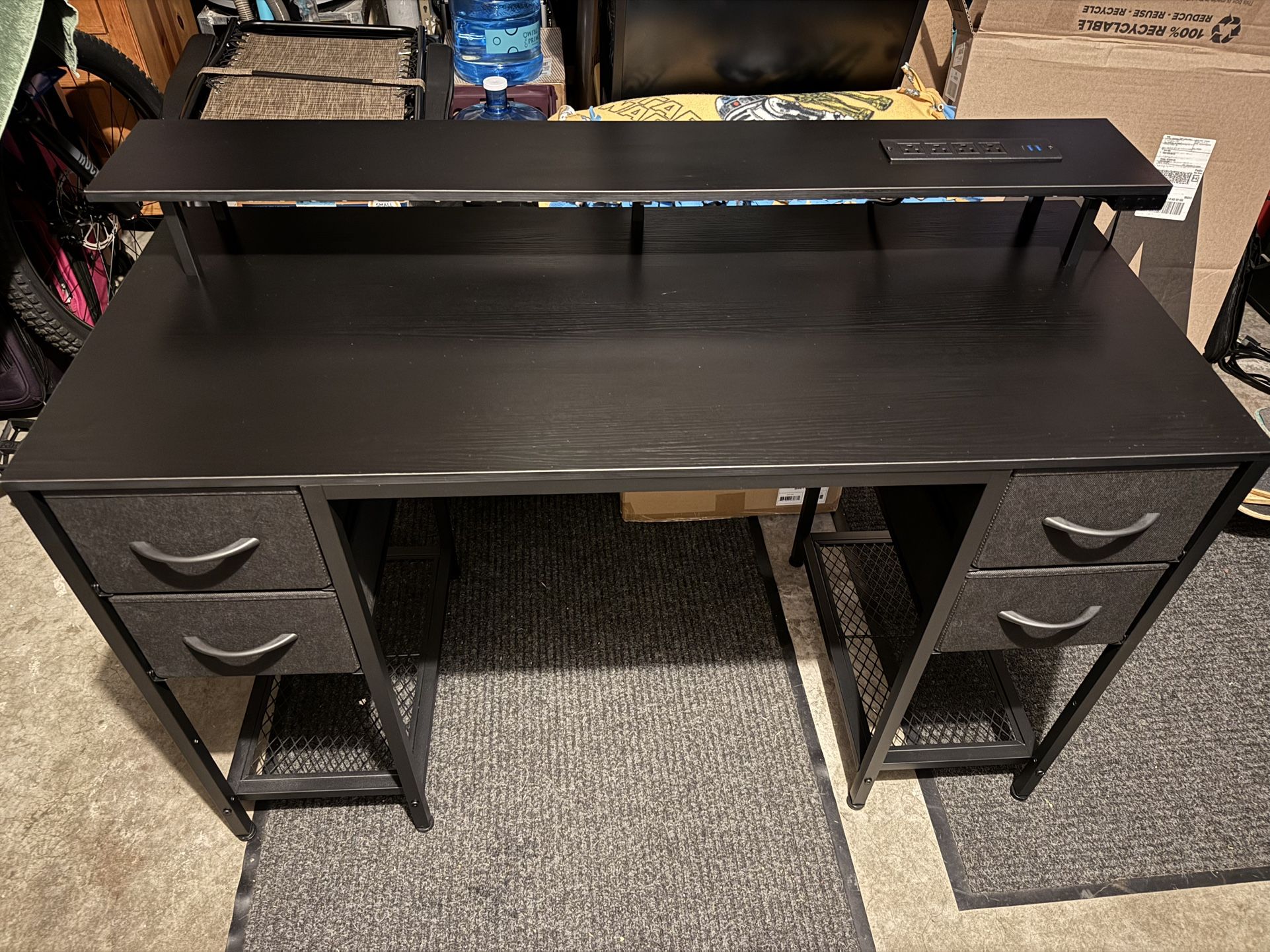 Neesha Desk with LED Lights, Computer Desk with Storage, Corner Desk with Drawers, Home Office Desk with Shelves, Writing Desk with 4 File Drawers, Ga