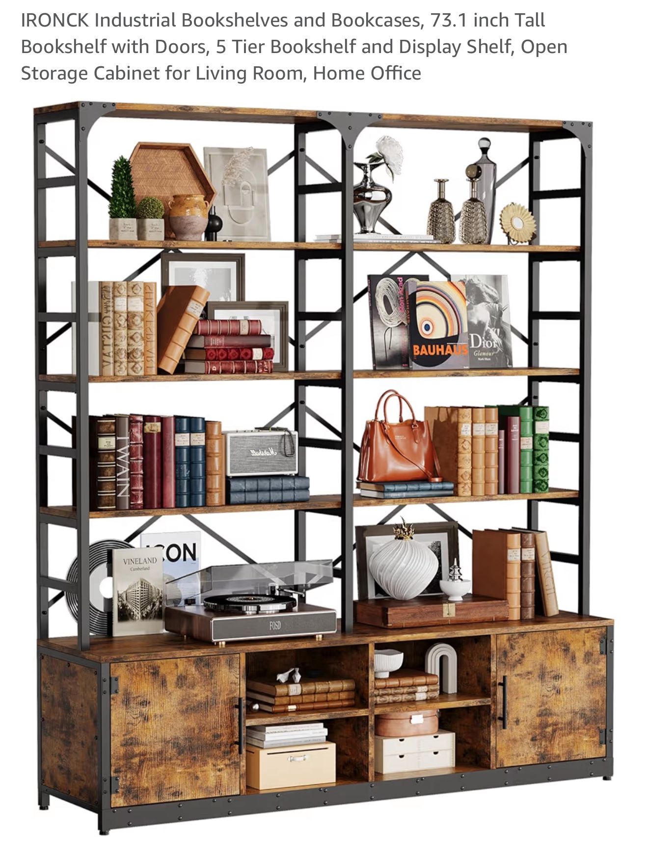 IRONCK Industrial Bookshelves and Bookcases, 73.1 inch Tall Bookshelf with Doors, 5 Tier Bookshelf and Display Shelf, Open Storage Cabinet for Living
