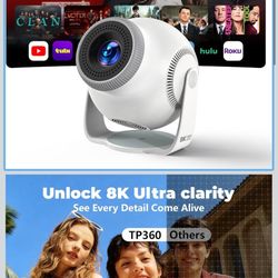 Smart Mini Projector with Android 14 OS, 1080P/4K/8K Video Decoding, WiFi 6 & Bluetooth 5.4, 270° Rotatable Stand, Auto Vertical Keystone, Portable Pr