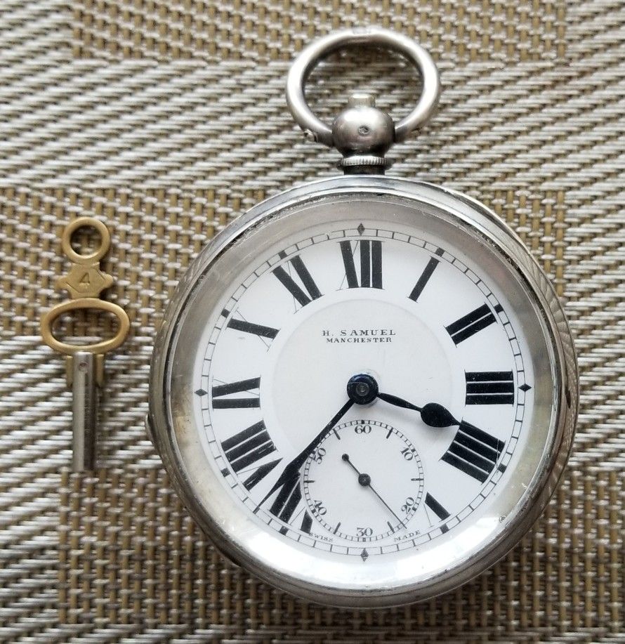 Antique Acme Lever H. Samuel Solid Sterling Silver Large Pocket Watch with a Key