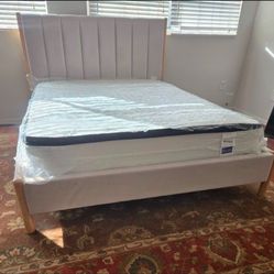 Queen size bed ivory velvet with mattress