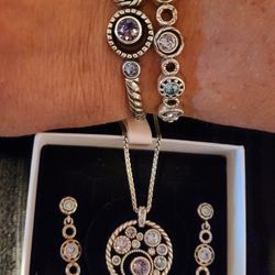 Brighton Halo Collection Jewelry Set: Necklace 2 Hinged Bracelets & Earrings