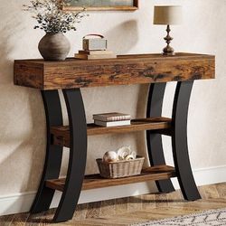 Tribesigns 41" Small Conso le Table for Entryway, 3-Tier Narrow Rustic Sof a Table with Storage Shel ves and Curved Frame for Living Room, Entry, Hall