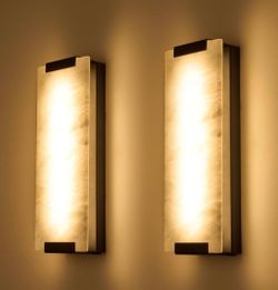 New 14.2” Set of Two Alabaster Wall Sconces, Large LED Natural Marble Lantern Dimmable E26