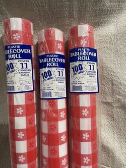 3) Red Gingham Plastic Table Cover 100 Feet=300ft !!! 