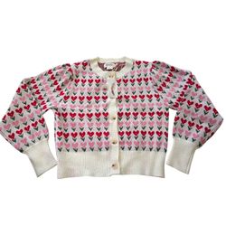 Jessica Simpson Heart Print Button Cardigan M Pink Red White Knit Cottage Boho
