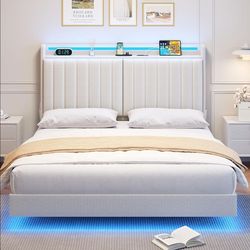 🔥 QUEEN Size Floating Bed Frame Hidden Storage Headboard  LED Lights, Charging Station