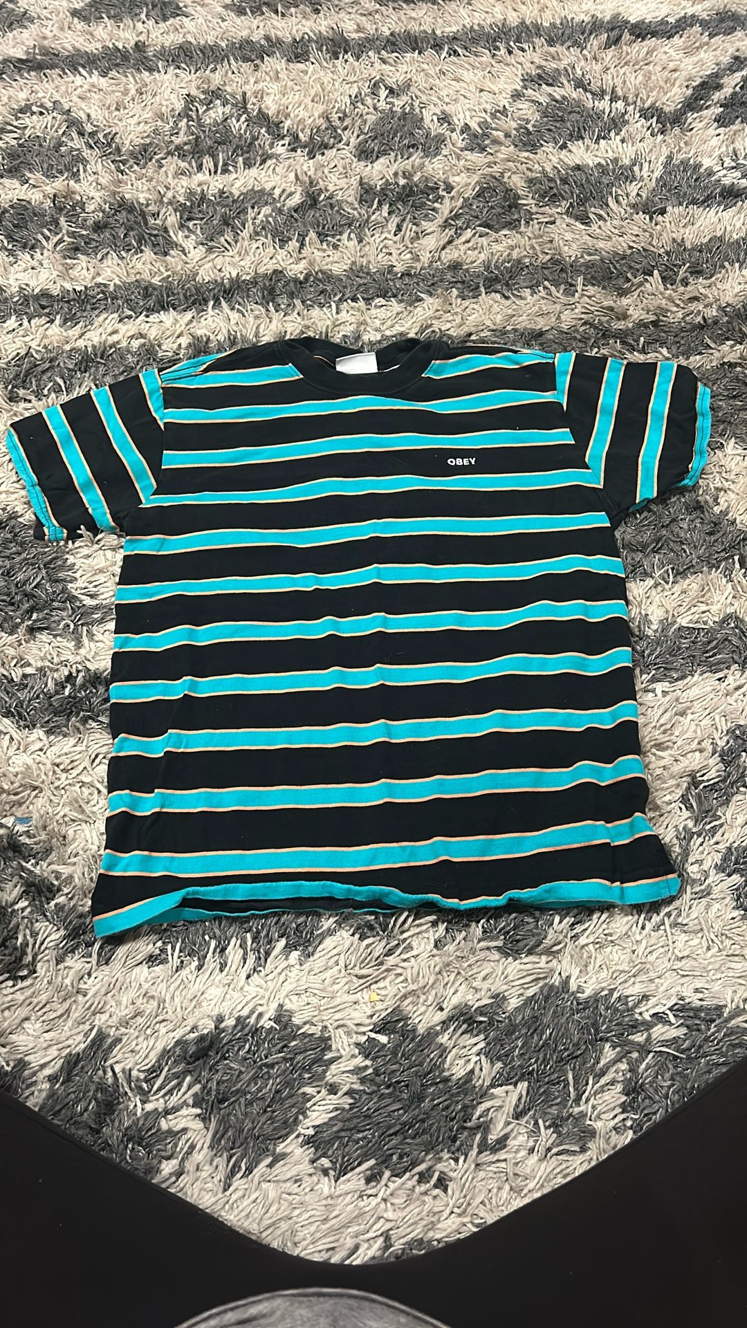 Obey Black and Turquoise Stripe Shirt, Size S
