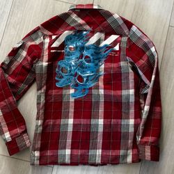 OFF-WHITE Virgil Abloh Zip Check Shirt Jacket with Skull Logo Print Red Blue XL