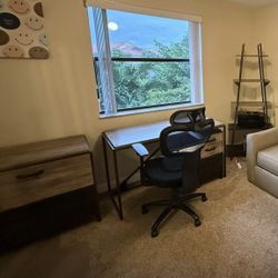 Complete Rustic Gray Office Desk Set – Desk, Cabinets, Bookcase & Chair! 