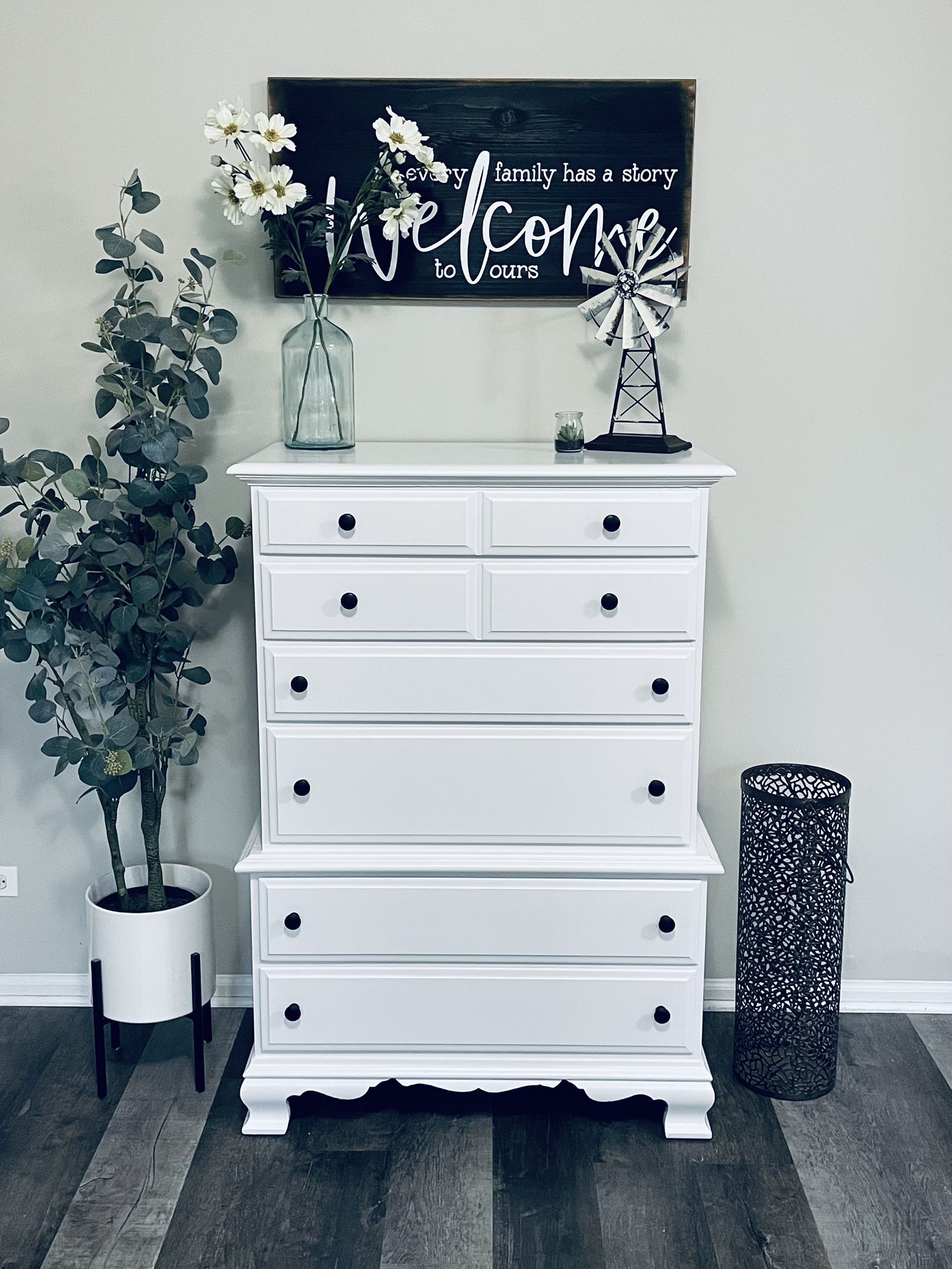 Refinished Solid Wood Swan White Tall Bedroom Dresser TV Stand