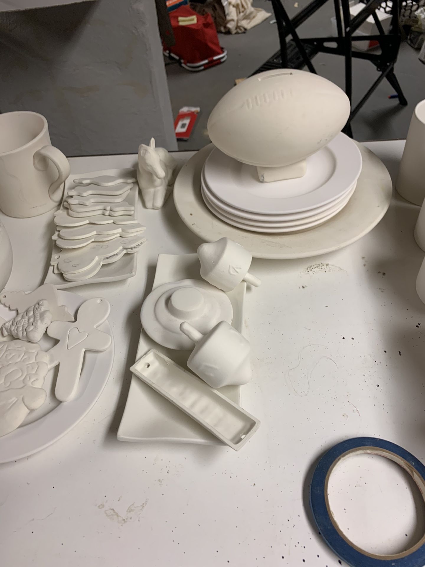 Bisque raw assorted items : Mugs platter Christmas ornaments etc.