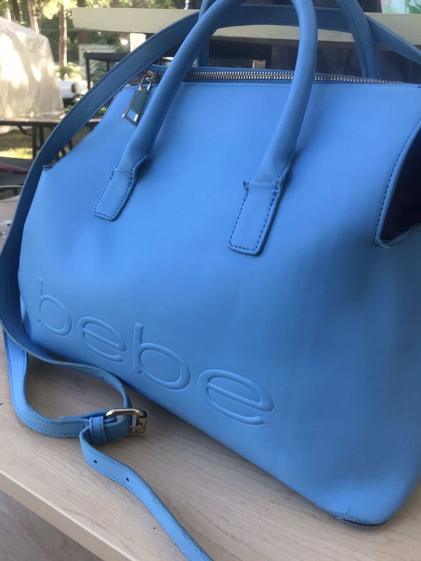 Bebe Handbag Satchel tote with long strap powder blue