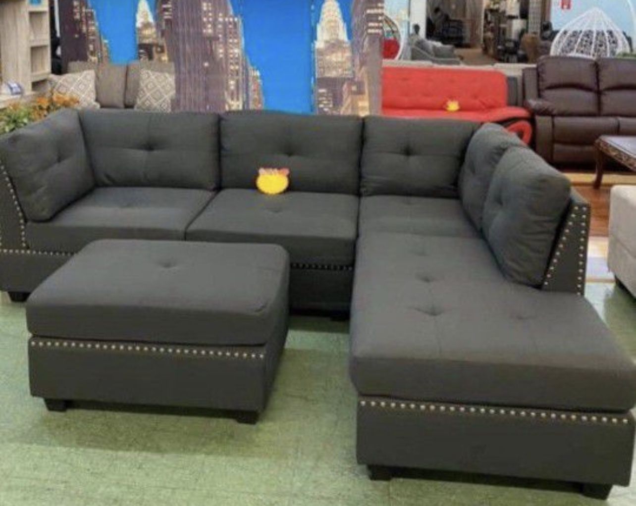 Siena Black Linen Sectional With Ottoman Set And Free Drop Off Delivery