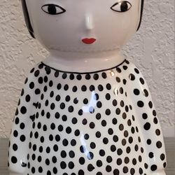 Anthropologie Kinska Face Pot Planter Tall Girl Vase Polka Dots Black 7.5in
