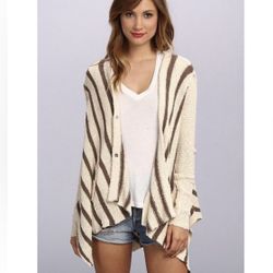 Free People Cream and Brown Striped Cardigan Sweater Women's Size Medium