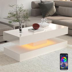 New 47.3IN High Glossy LED Coffee Table APP LED Lights White Modern Furniture for Living Room