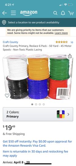 Craft County Primary, Rexlace 6 Pack - 50 Yard - 45 Meter Spools - Non-Toxic Plastic Lacing